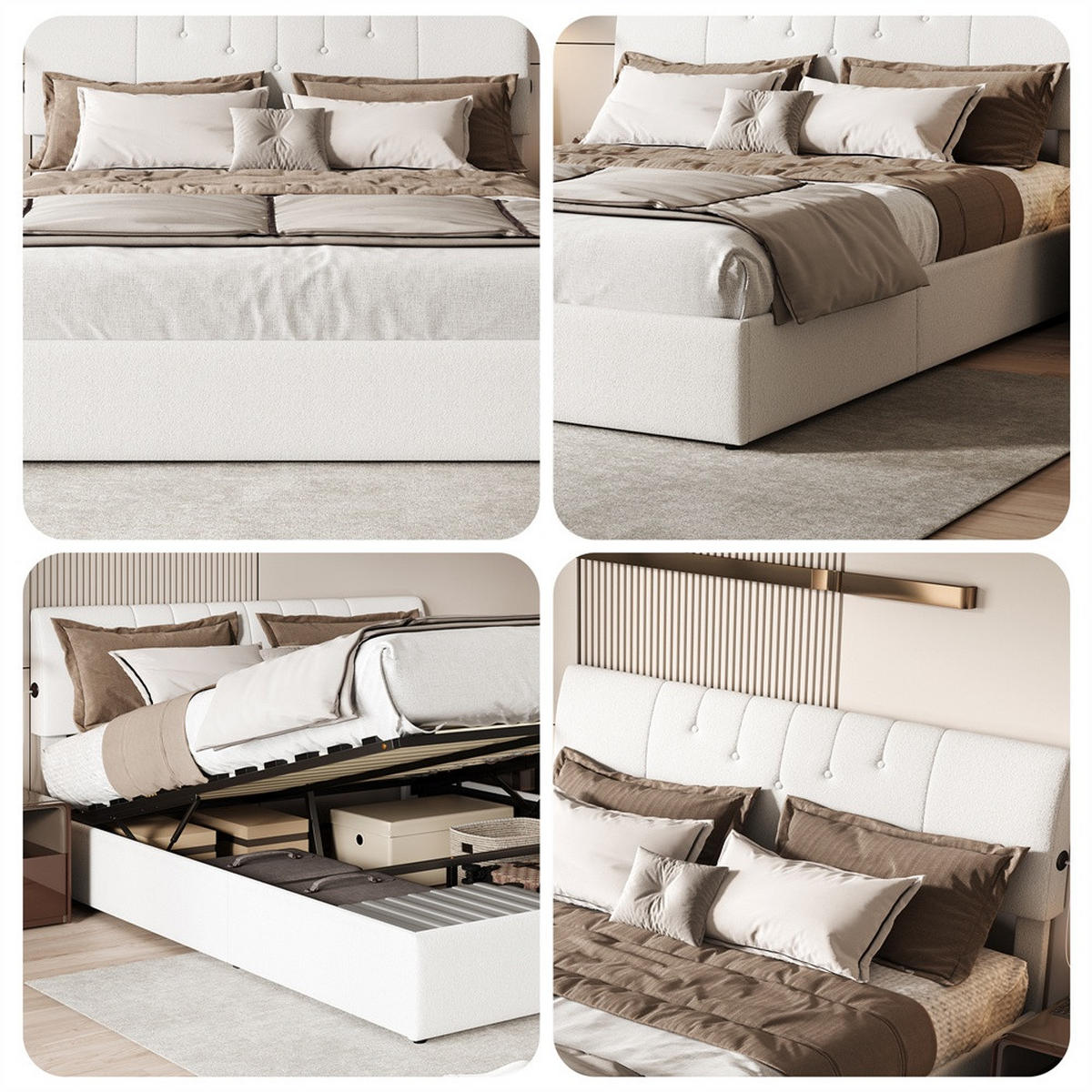 POLSTERBETT 160x200 cm mit hydraulischem Stauraum - USB-Ladeanschlüssen - Gepolstertes Kopfteil - ohne Matratze - Creme, Textil (160/200cm) - DELFA