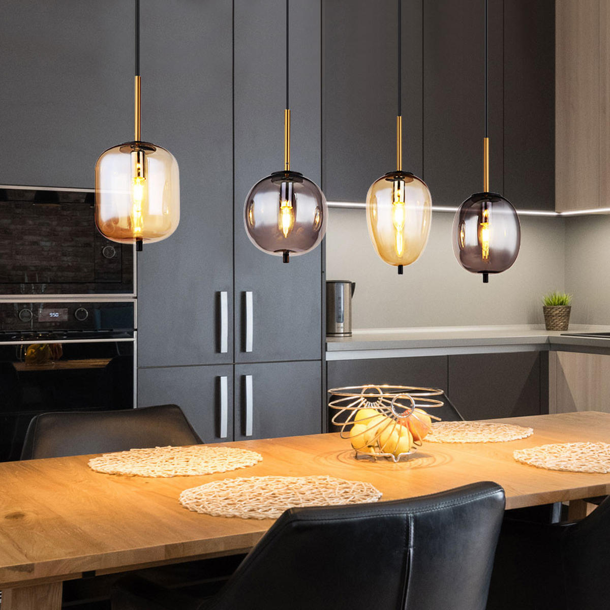 HÄNGELEUCHTE Metall Schwarz Amber-Glas 4-Flammig - Schwarz, Glas (110/18.5/120cm) - Globo Lighting