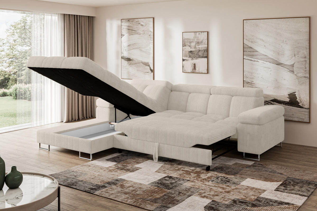 ECKSOFA mit Schlaffunktion Ottomane Links COMA L 271x203x79 Beige Cord - Beige, Holzwerkstoff/Textil (271/203cm) - ALTDECOR