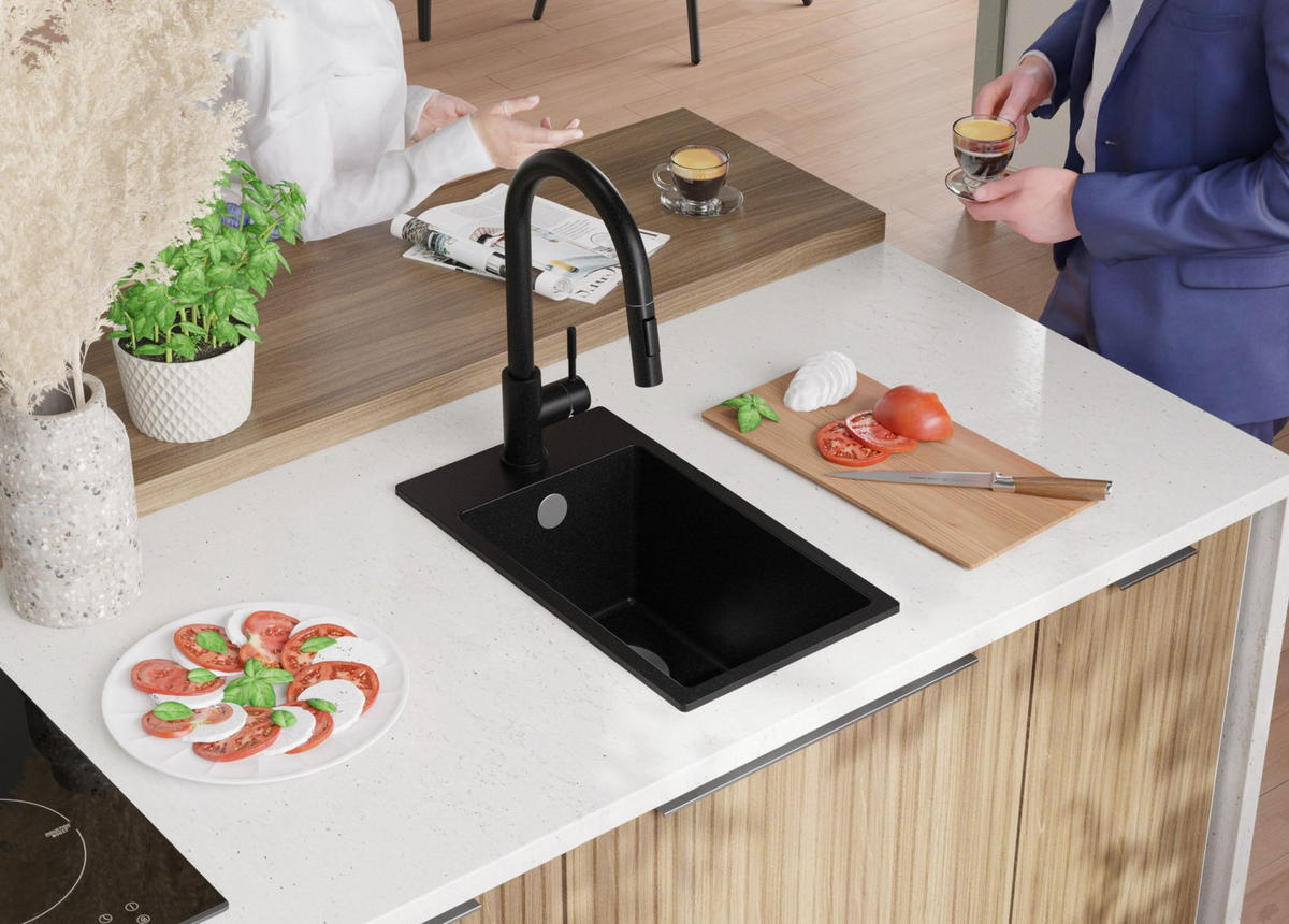 SPÜLBECKEN Riga, 2-er set Schwarz 28/50 cm 1 Becken + Ablauf-Set ab 30er Unterschrank - Chromfarben/Schwarz, Kunststoff (28/20/50cm) - Primagran