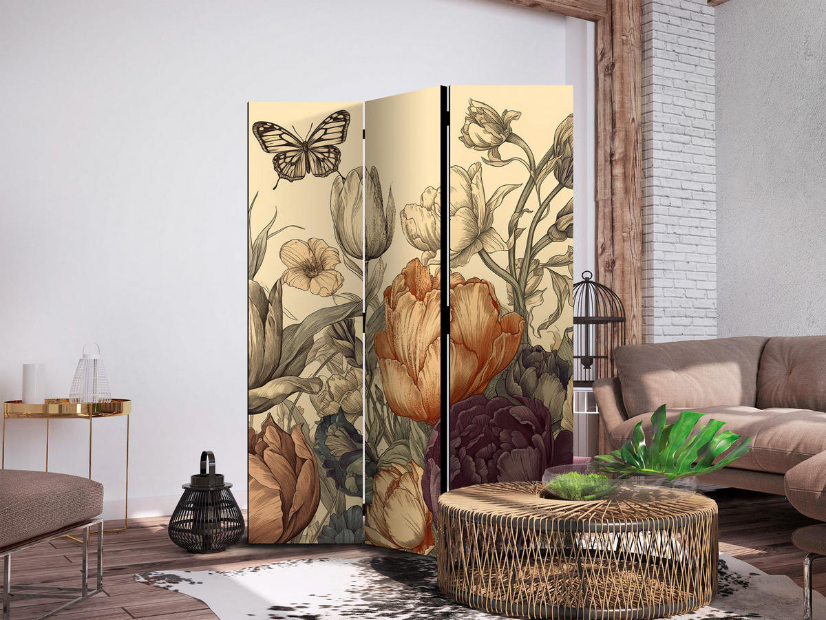 PARAVENT Einseitig Bedruckter 3-tlg 135x172 cm Tulpen im Retro - Multicolor, Holz/Textil (135/172/3cm) - Muralo