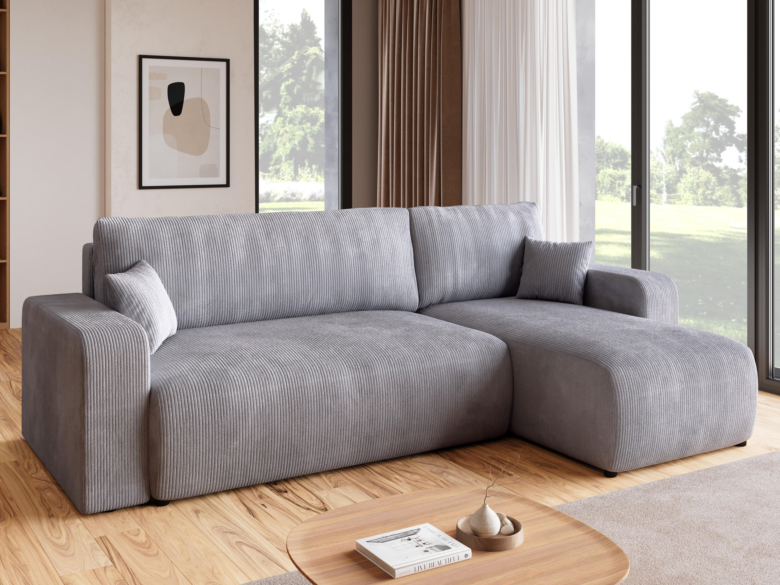 ECKSOFA PUMI mit Schlaffunktion Hellgrau Cord - Hellgrau, Textil (244/148cm) - Bromarkt