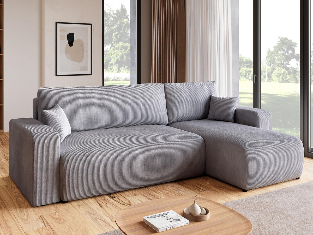 ECKSOFA PUMI mit Schlaffunktion Hellgrau Cord - Hellgrau, Textil (244/148cm) - Bromarkt
