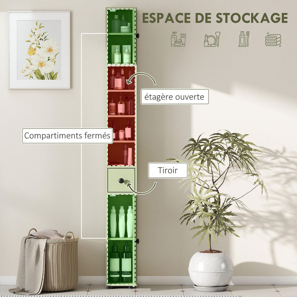 HOCHSCHRANK DE-12546 20/20/180 cm Grün - Grün, Holzwerkstoff (20/180/20cm) - ComfortXL