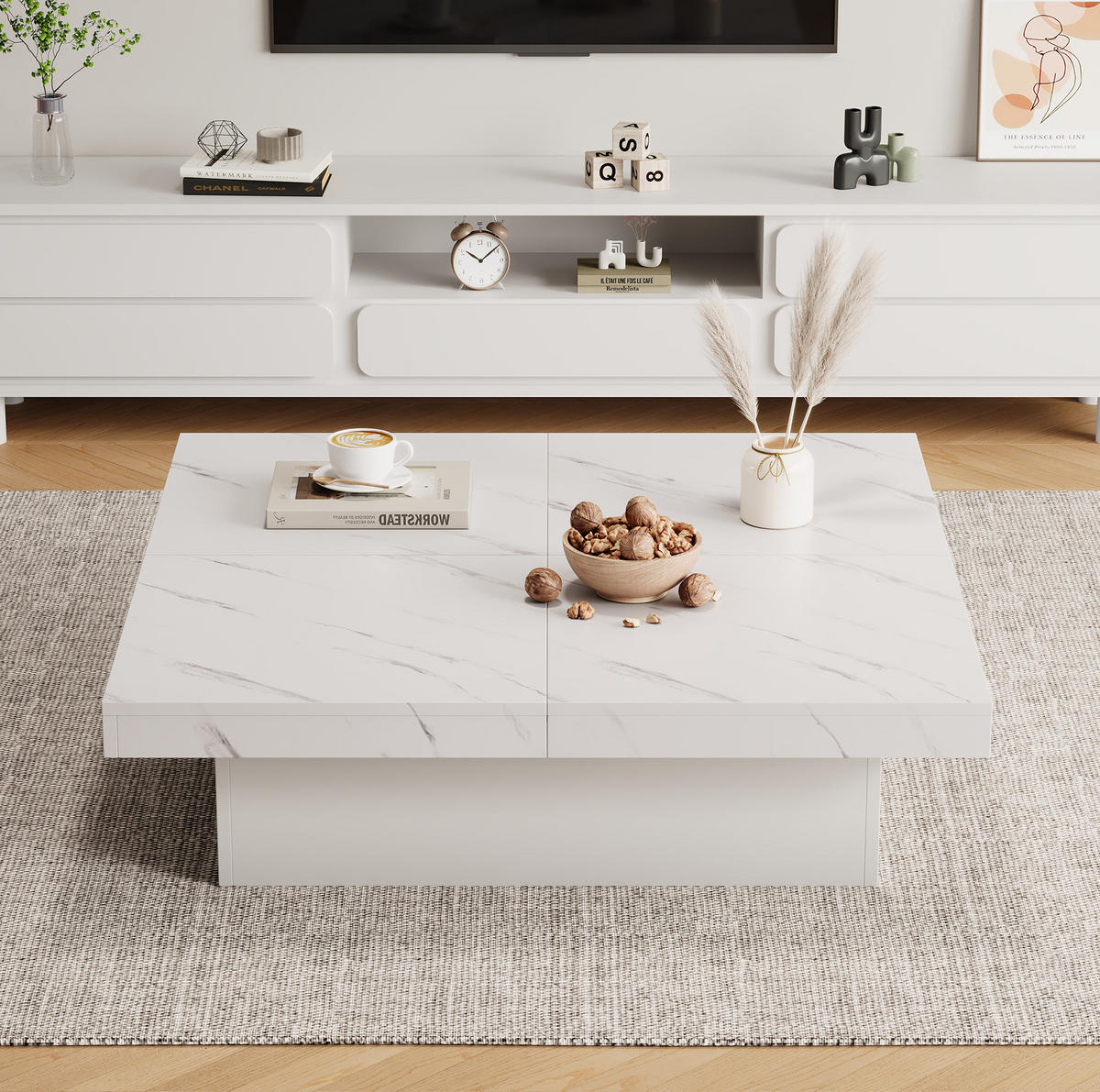 COUCHTISCH mit 4 Schubladen 90x90 cm Weiß Marmor-Optik - Weiß, Holzwerkstoff (90/90/25cm) - Meubliv