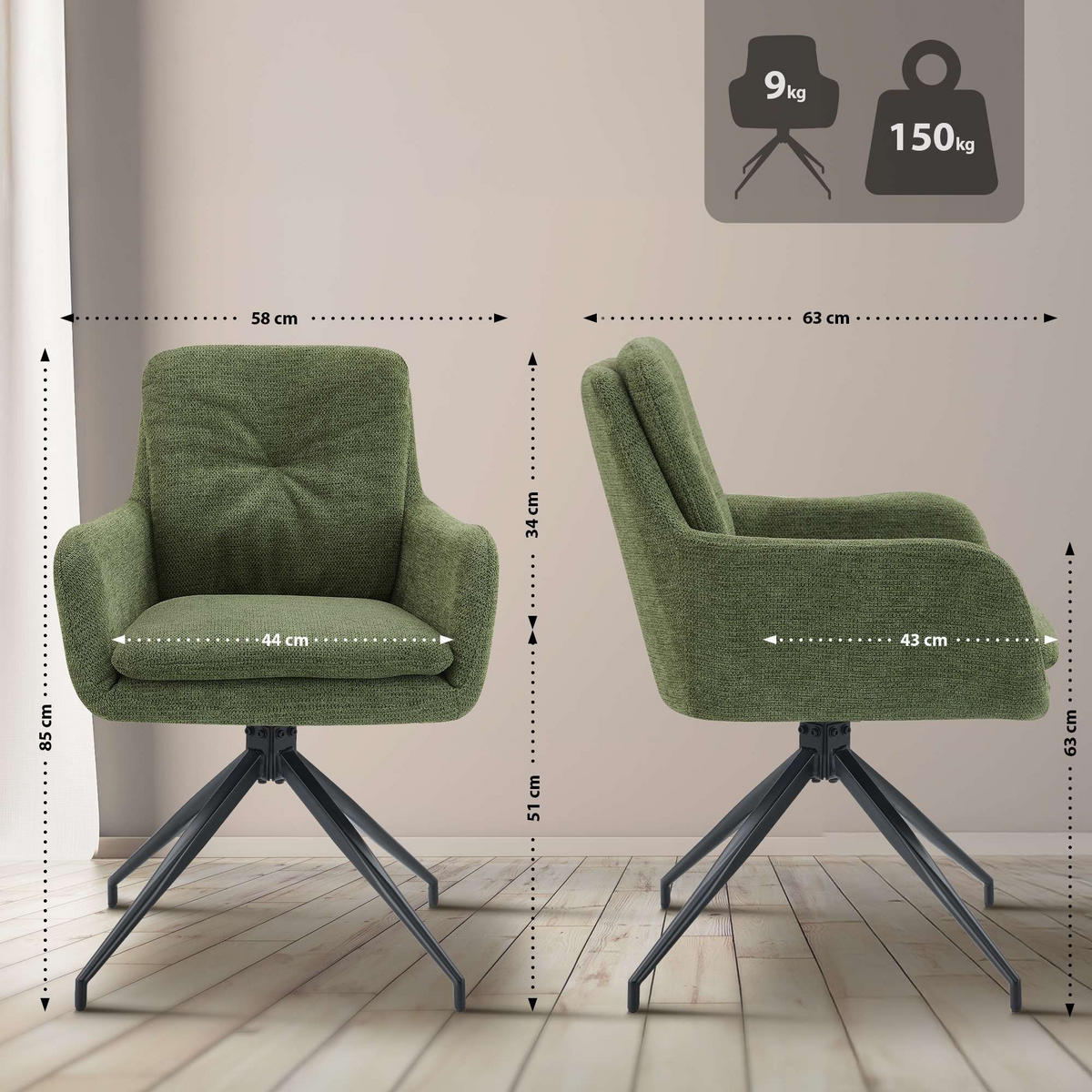 ESSZIMMERSTUHL Pickett 85x58x63 cm grün - Grün, Textil (58/85/63cm) - furnicato