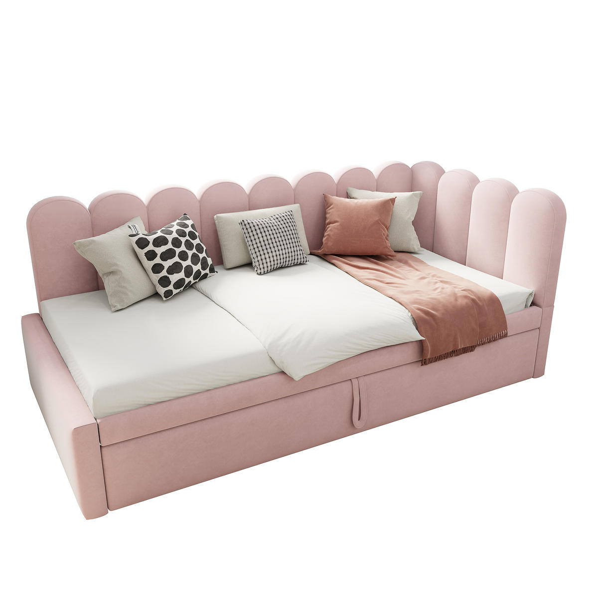 POLSTERBETT 90/200 cm L-Form Rosa Samt mit ausziehbarem Kopfteil - Rosa, Textil (90/200cm) - OKWISH