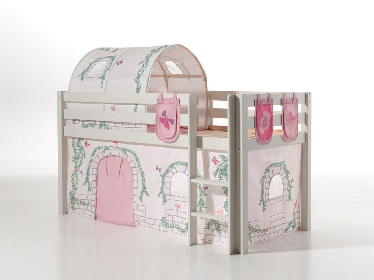 KINDERBETT Karolina 210x114x106 Massivholz Weiß Textilset Burg 4 - Hellgrau/Weiß, Holz (90/200cm) - 58aufmkessel