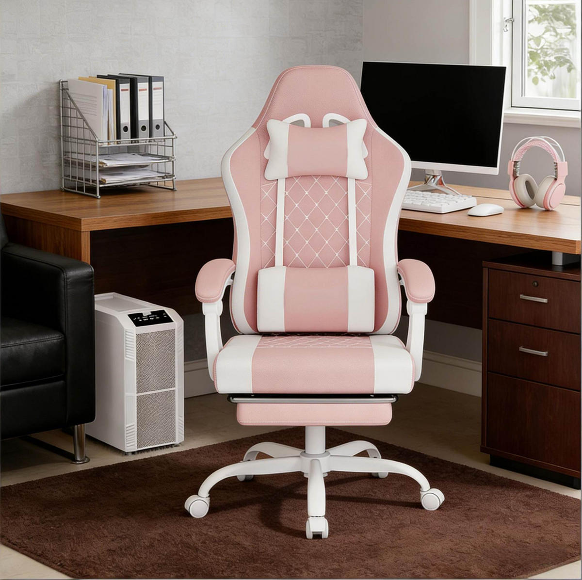 BÜROSTUHL mit Massagefunktion höhenverstellbar Mesh-Stoff Pink Weiß - Pink, Metall (70/127/70cm) - Meubliv
