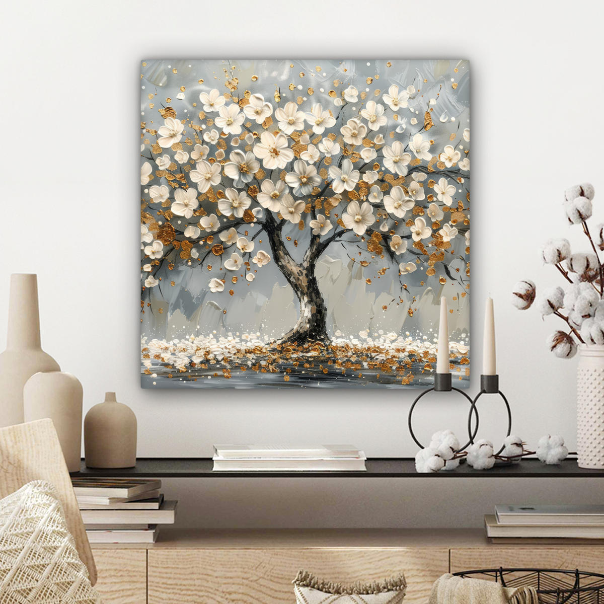 LEINWANDBILD Baum - Blumen - Weiß - Natur - Kunst Wandbild Wohnzimmer 50x50 cm - Weiß, Textil (50/50cm) - MuchoWow