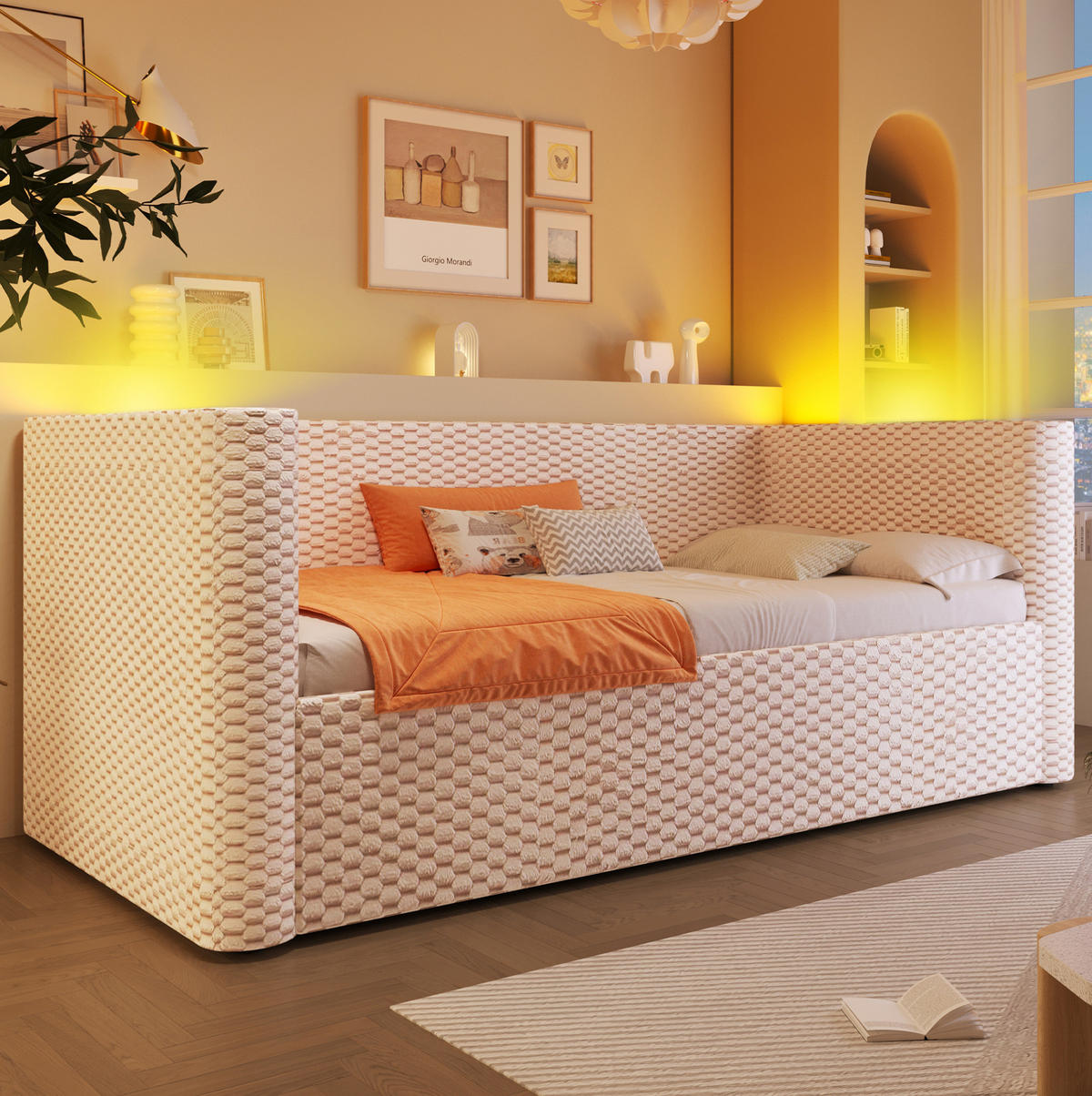 TAGESBETT 90/200 cm Beige aus Samt mit LED-Beleuchtung und hydraulischem Stauraum - Beige, Textil (90/200cm) - OKWISH