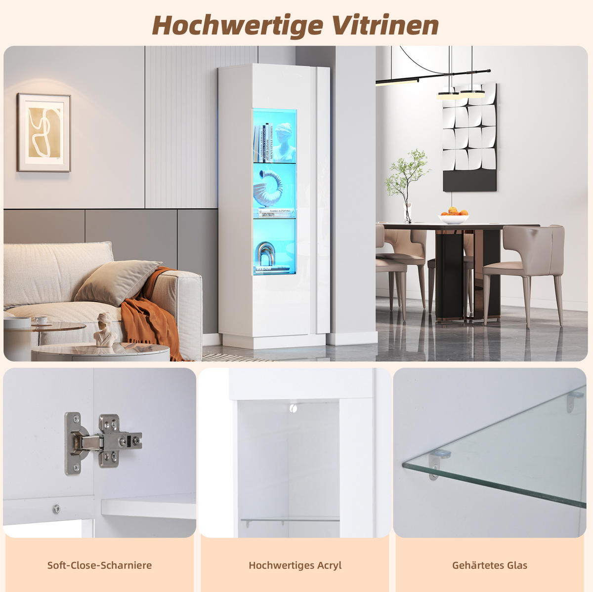 VITRINA 60/40/180 cm iz iverne plošče bela z LED osvetlitvijo - bela, leseni material (60/180/40cm) - BEAOK