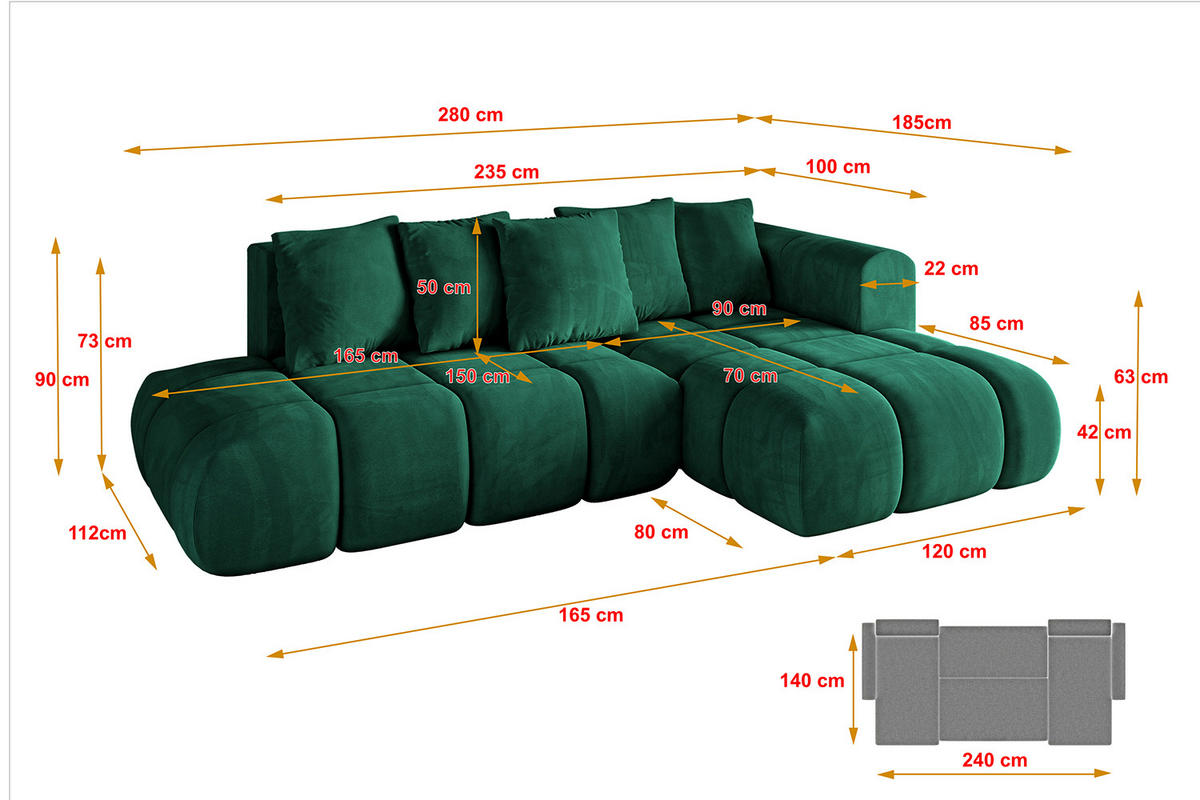 ECKSOFA Ottomane Rechts CLOUD-L-v1 280x185x90 Dunkelgrün Velours - Dunkelgrün, Holzwerkstoff/Kunststoff (185/280cm) - ALTDECOR