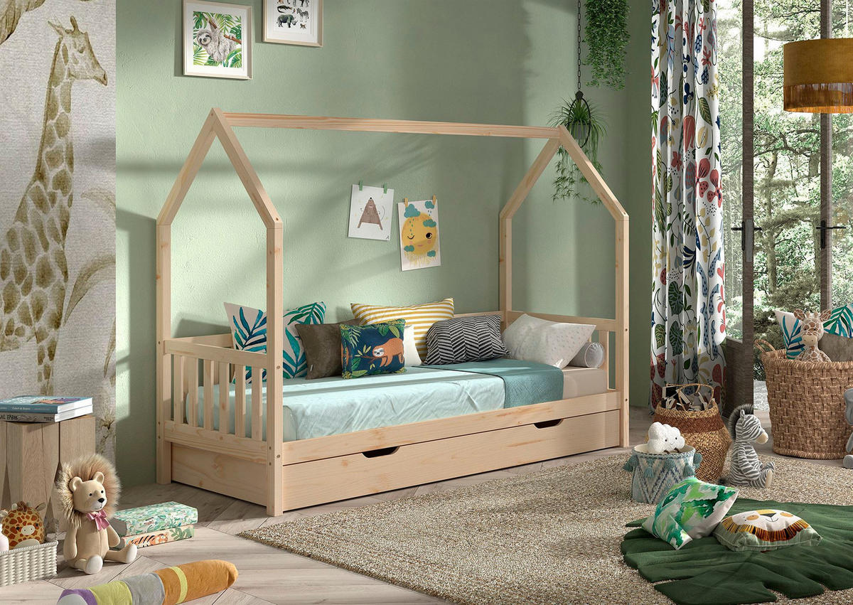 HAUSBETT Kandace 90x200 Kiefer massiv natur mit Dachaufbau & Schublade - Kieferfarben, Holz (90/200cm) - 58aufmkessel