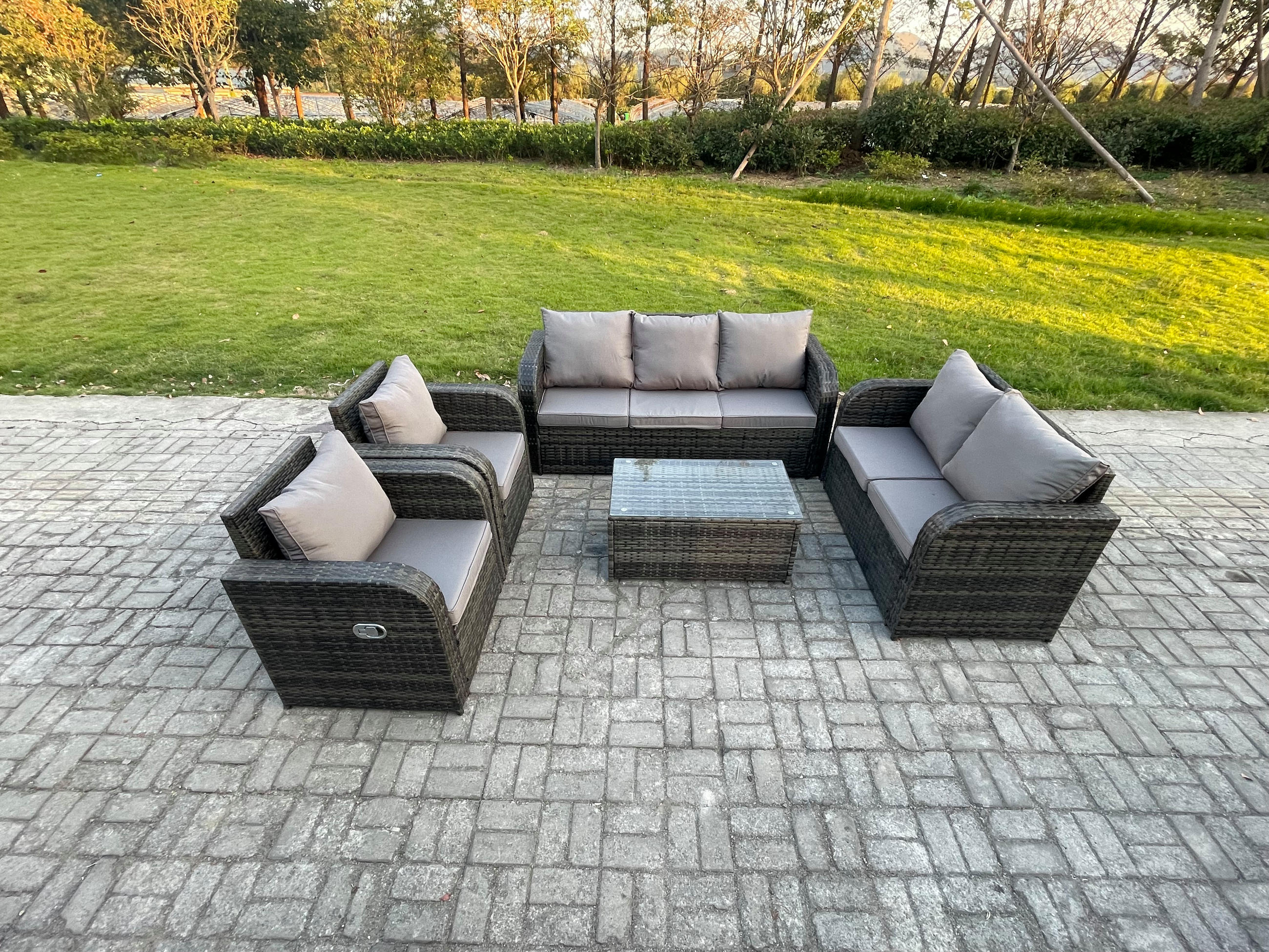 GARTENMÖBELSET mit Couchtisch Polyrattan 7-Sitzer - Dunkelgrau/Grau, Glas/Kunststoff - Fimous