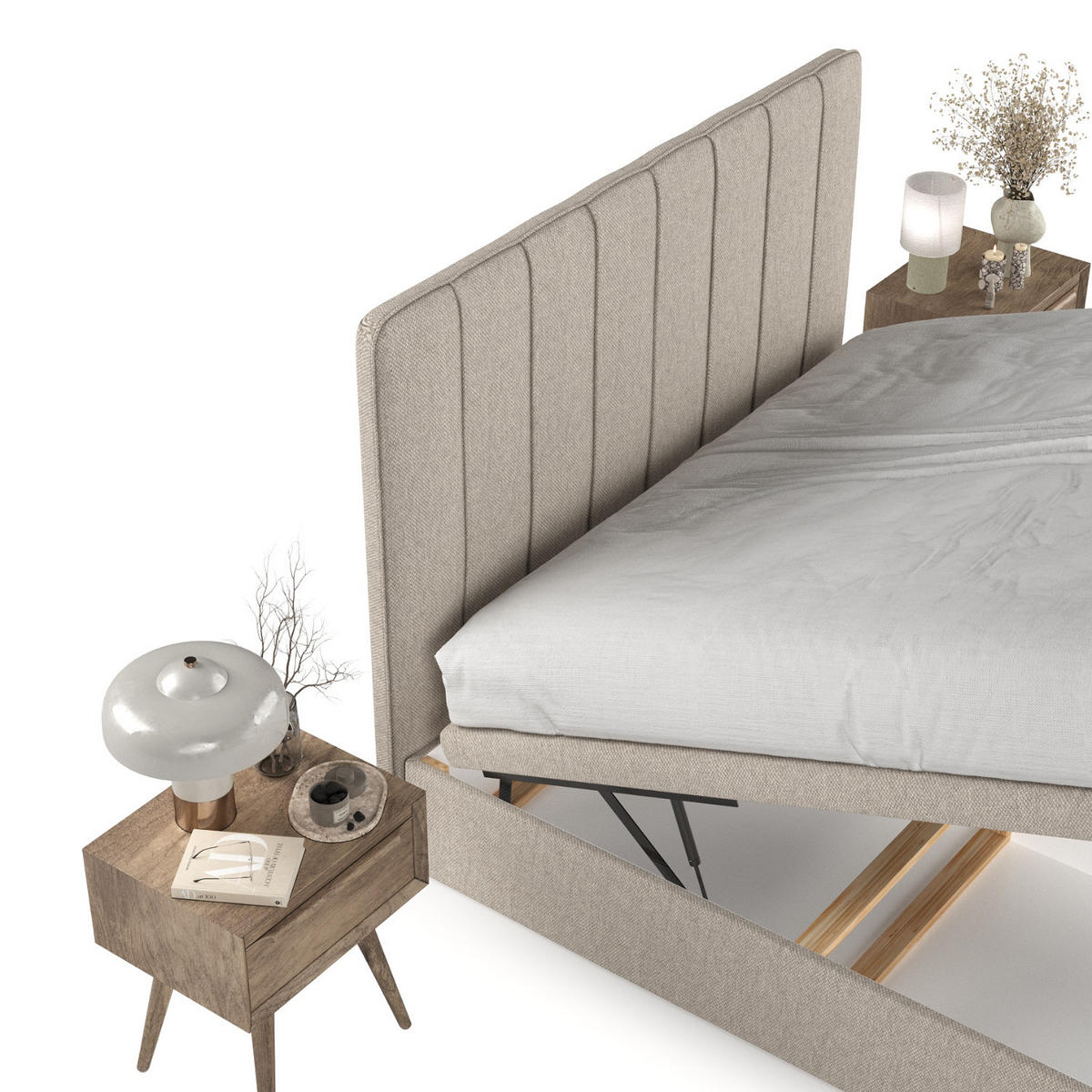 POLSTERBETT Vienna mit Stauraum 180/200 cm Hellbeige im Megan Stoff - Beige/Schwarz, Holz/Holzwerkstoff (180/200cm) - AltaBeds