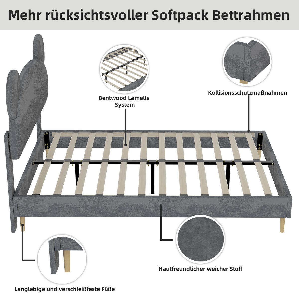 POLSTERBETT 140x200 cm Cartoon ohne Stauraum grau - Grau, Textil (140/200cm) - LEBENLANG