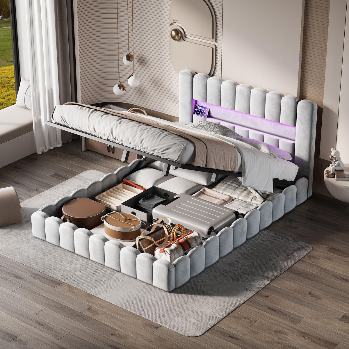 POLSTERBETT 180x200 cm Bubble Design LED USB Stauraum grau - Grau, Holz (180/200cm) - LEBENLANG