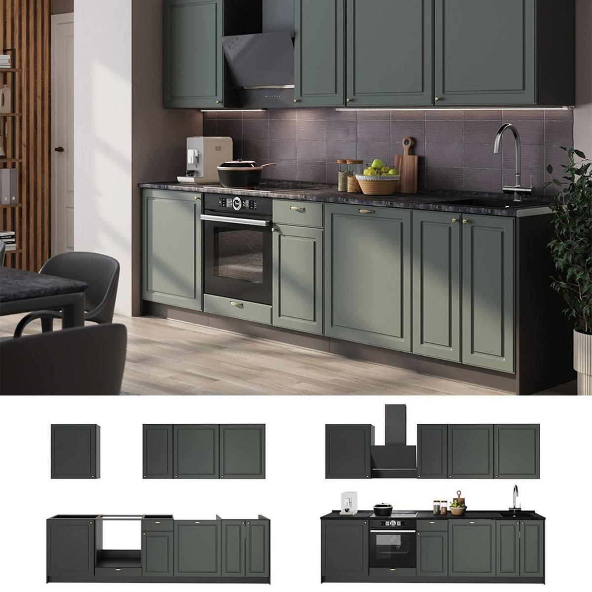 KÜCHENZEILE Fame-Line, Grün-Gold Landhaus/Anthrazit, 280 cm, AP Eiche - Anthrazit/Grün, Holzwerkstoff (280/206.8/60cm) - Vicco