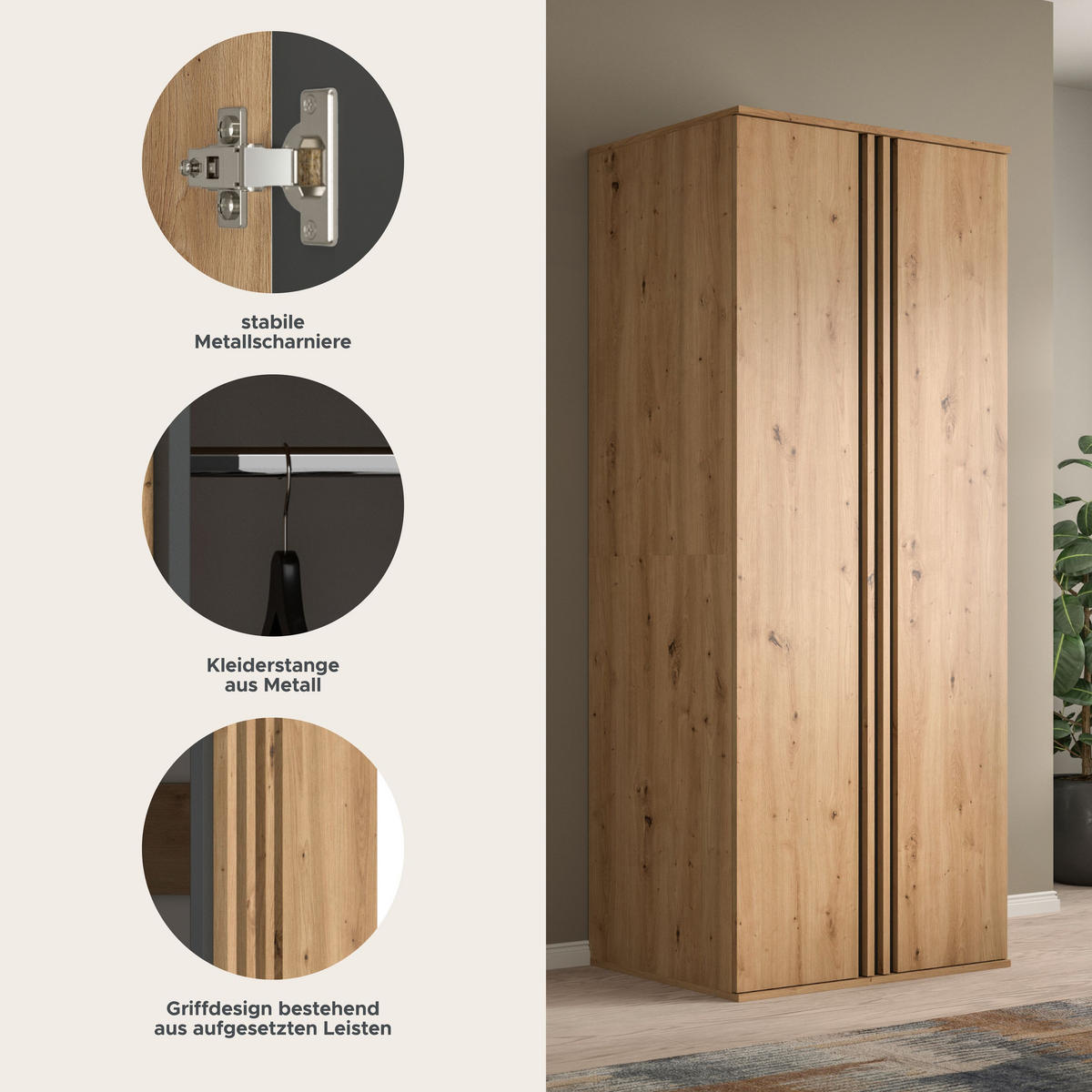 KLEIDERSCHRANK 2-türig TOFTA (B/H/T: ca. 80/192/56 cm) in Artisan Eiche Nachbildung/Artisan Eiche Nachbildung - Eiche Artisan, Holzwerkstoff (80/192/56cm)