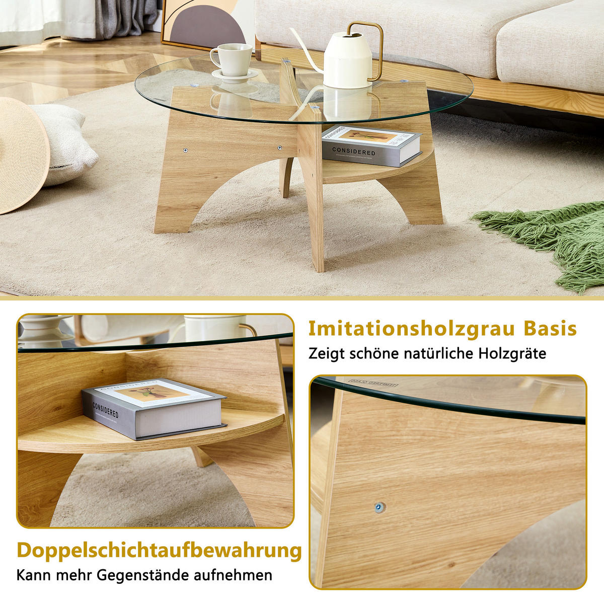 COUCHTISCH 80/80/36 cm transparent naturholzfarben aus Holzwerkstoff und Sicherheitsglas mit fächerförmigem Gestell - Naturfarben, Holzwerkstoff (80/80/36cm) - OKWISH
