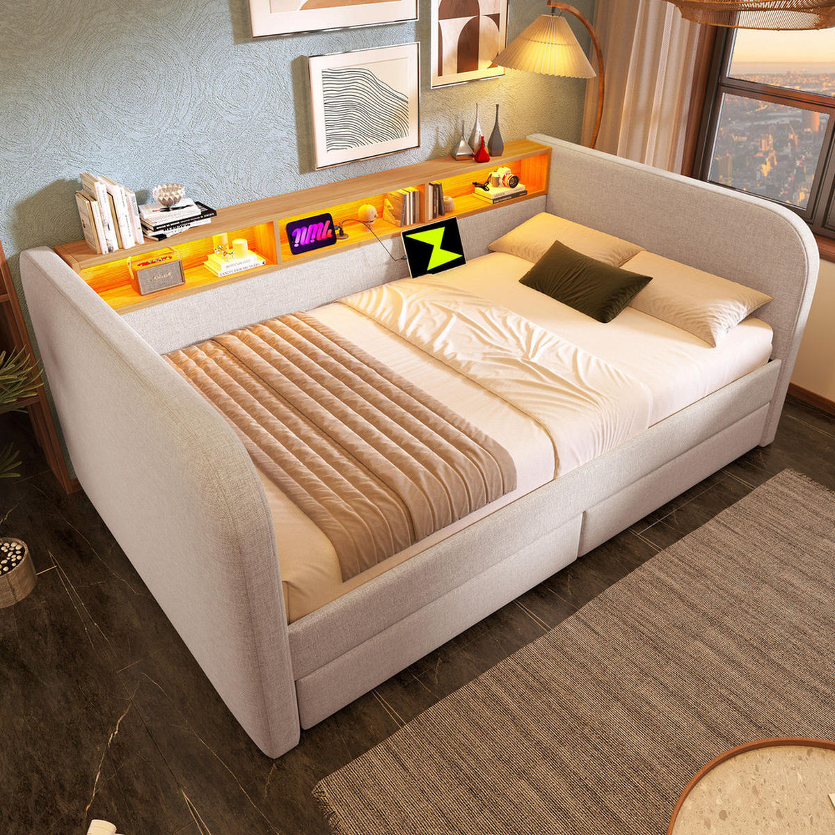 TAGESBETT 140x190cm Schlafsofa mit LED & USB-C 2 Schubladen Hellbeige - Beige, Holz (140/190cm) - FLIEKS