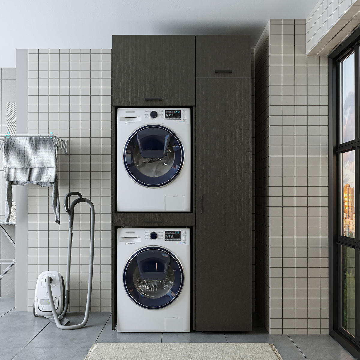WASCHMASCHINENSCHRANK DUO-I 112cm Breit, 240cm Hoch - Schwarz, Holzwerkstoff (112/240/67cm)