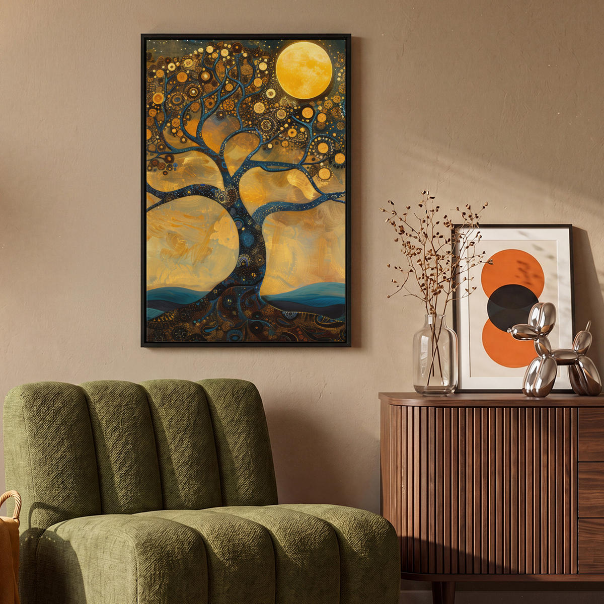 LEINWAND Bilder mit Rahmen - Baum - Mond - Blumen - Gold - Kunst - 60x90 - Orange, Textil (60/90cm) - MuchoWow