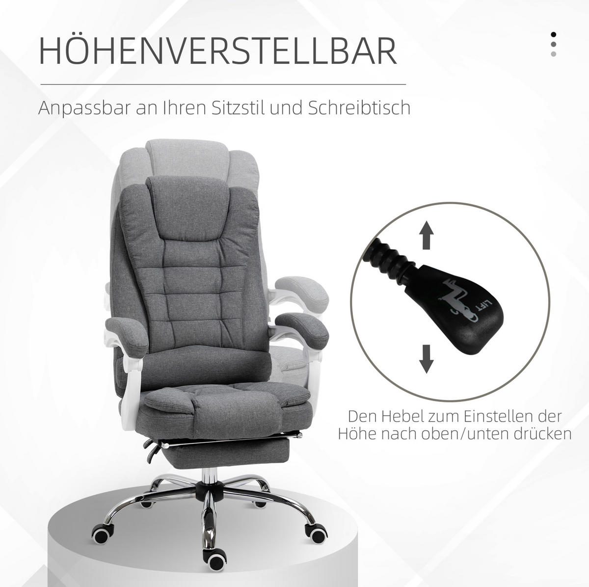BÜROSTUHL in Grau 70x65x118 cm, höhenverstellbar mit neigbarer Rückenlehne und Fußstütze - Grau, Metall (65/118/70cm) - IVMEU