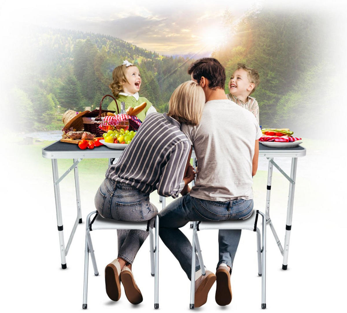 GARTENSET Tisch und 4 Stühlen, 120/60 cm, Höhenverstellbar - Dunkelgrau/Silberfarben, Metall - Outtec