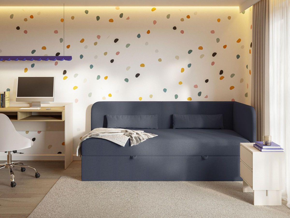 JUGENDBETT Calmmo Dunkelblau mit Chenille-Bezug, Kopfteil rechts - Dunkelblau, Textil (90/200cm) - Selsey