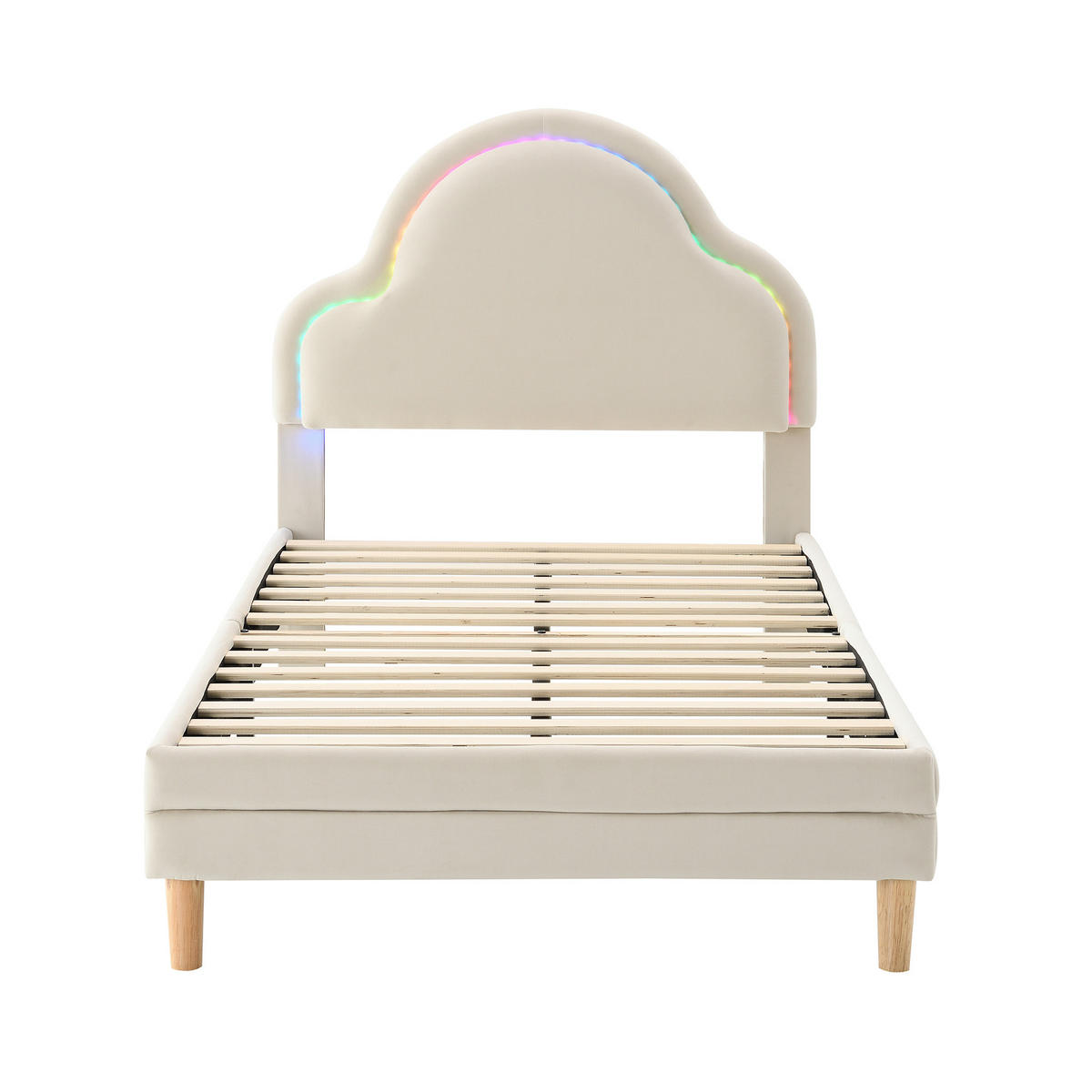 KINDERBETT 90/200 cm DE-04273, mit Wolken-Kopfteil, LED und Samtbezug, in Beige - Beige, Holzwerkstoff/Metall (90/200cm) - ComfortXL