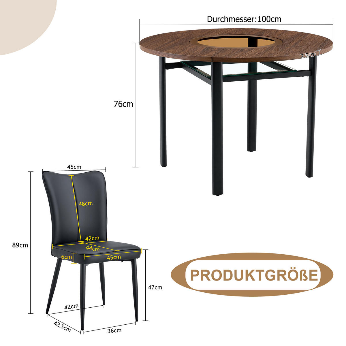 ESSGRUPPE DE-39368 3-teilig, mit 2 PU-Stühlen und Glasplatte Braun/Schwarz - Schwarz, Metall (100/76/100cm) - ComfortXL