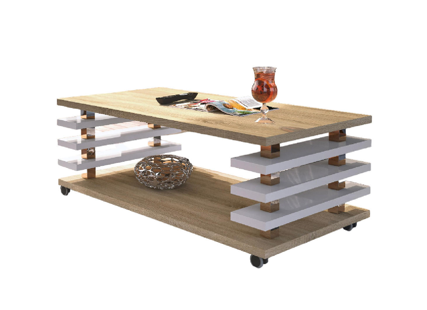 COUCHTISCH rechteckig Sonoma Eiche - Weiß Hochglanz Ablage Rollen - Weiß Hochglanz/Sonoma Eiche, Holzwerkstoff (60/120/45cm) - designimpex
