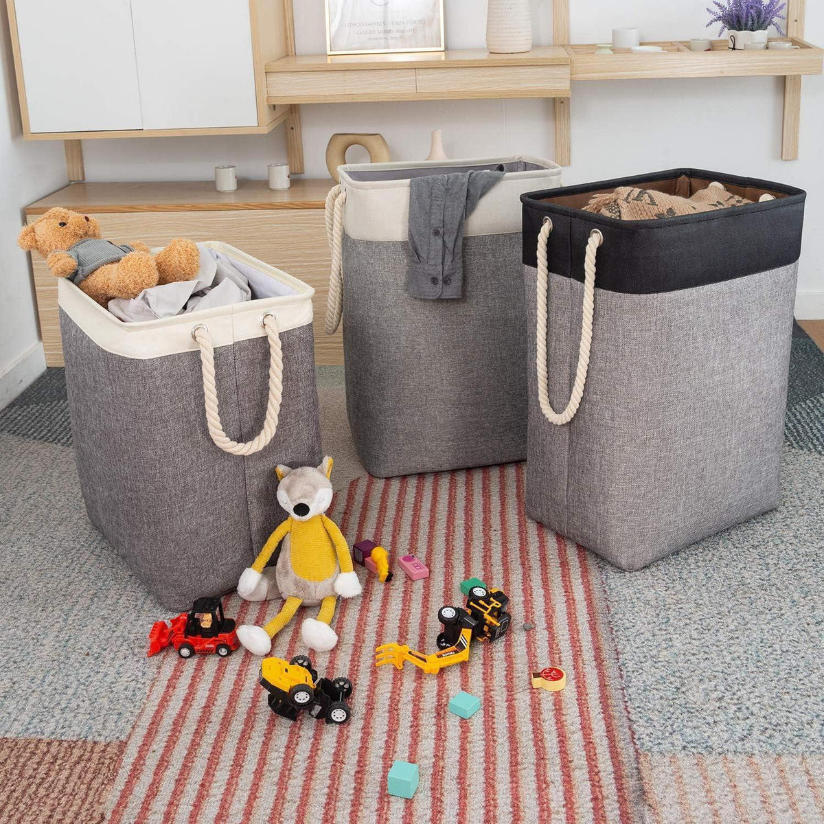 WÄSCHEKORB 78L faltbar mit Seilgriffen Beige + Grau 60 x 42 x 31 cm - Multicolor, Textil (31/60/42cm)