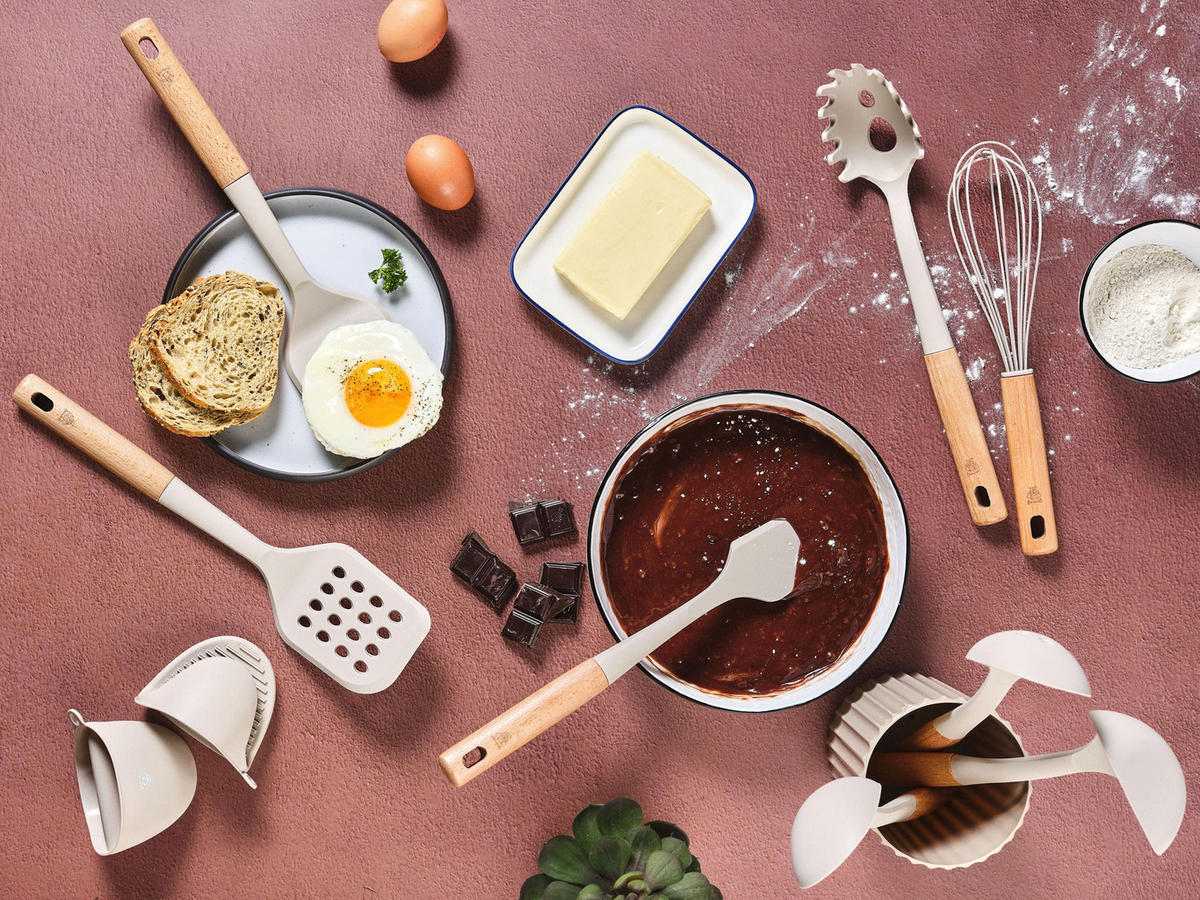 KÜCHENUTENSILIEN-SET aus Holz und Silikon GUNNAR - 11-teilig - Grau, Kunststoff - Björn