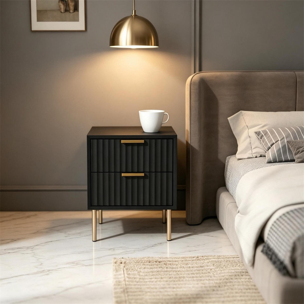 NACHTTISCH 40x39x48 cm Schubladenfront mit Rillenoptik - 2 Schubladen - Goldene Griffe - Schwarz - Schwarz, Holzwerkstoff (39/48/40cm) - DELFA
