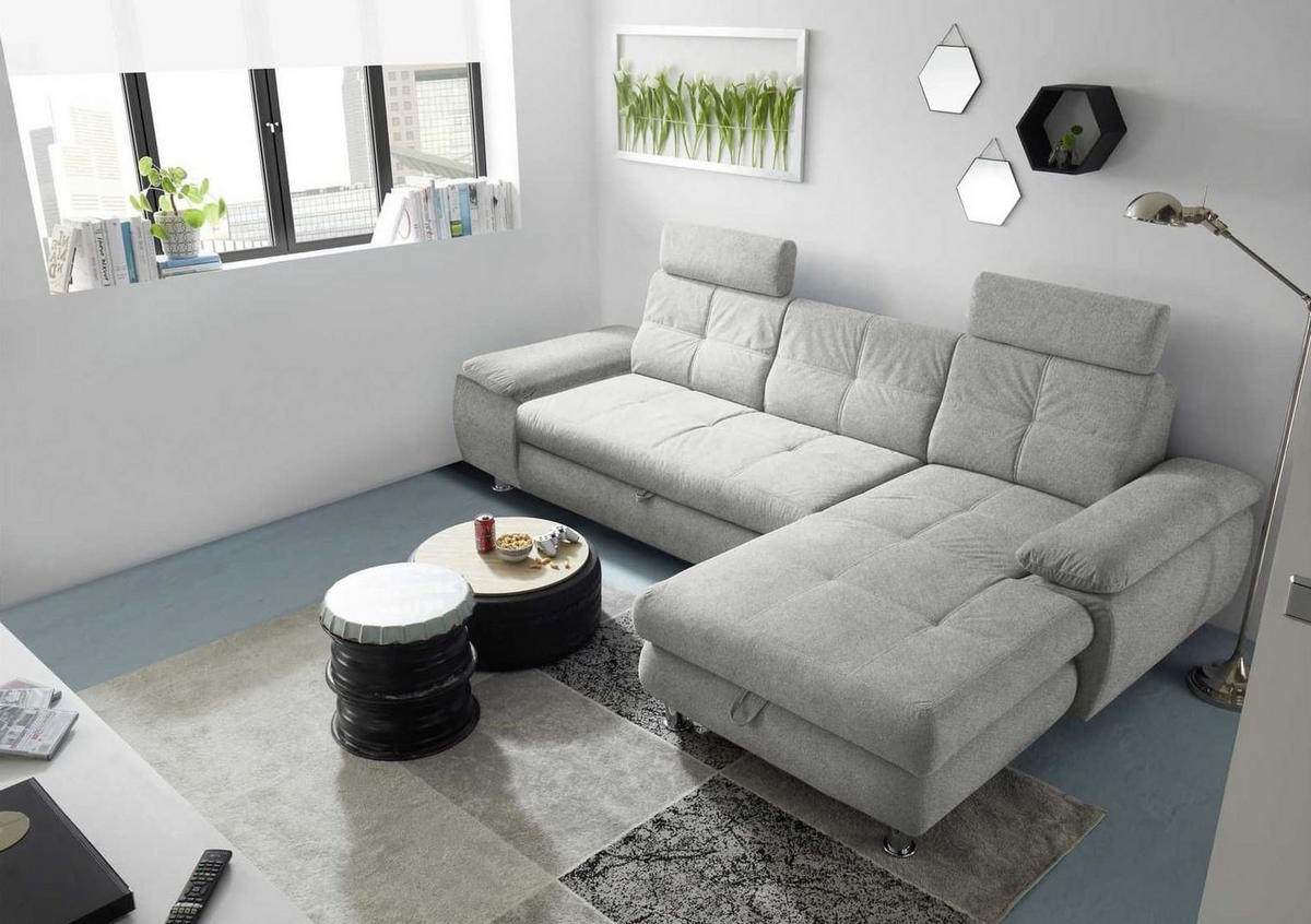 ECKSOFA mit Schlaffunktion und Bettkasten, Brego-Stoff - Chromfarben/Grau, Textil/Metall (177/274cm) - ed exciting design
