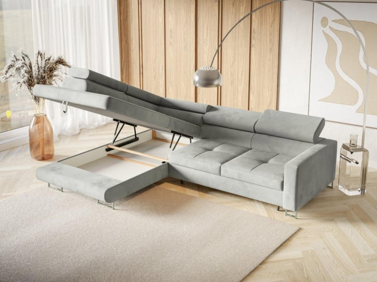 ECKSOFA Silber MERY L Mit Verstellbaren Kopfstützen Auf Silbernen Beinen - Grau, Textil (250/200cm) - Sepro Meble