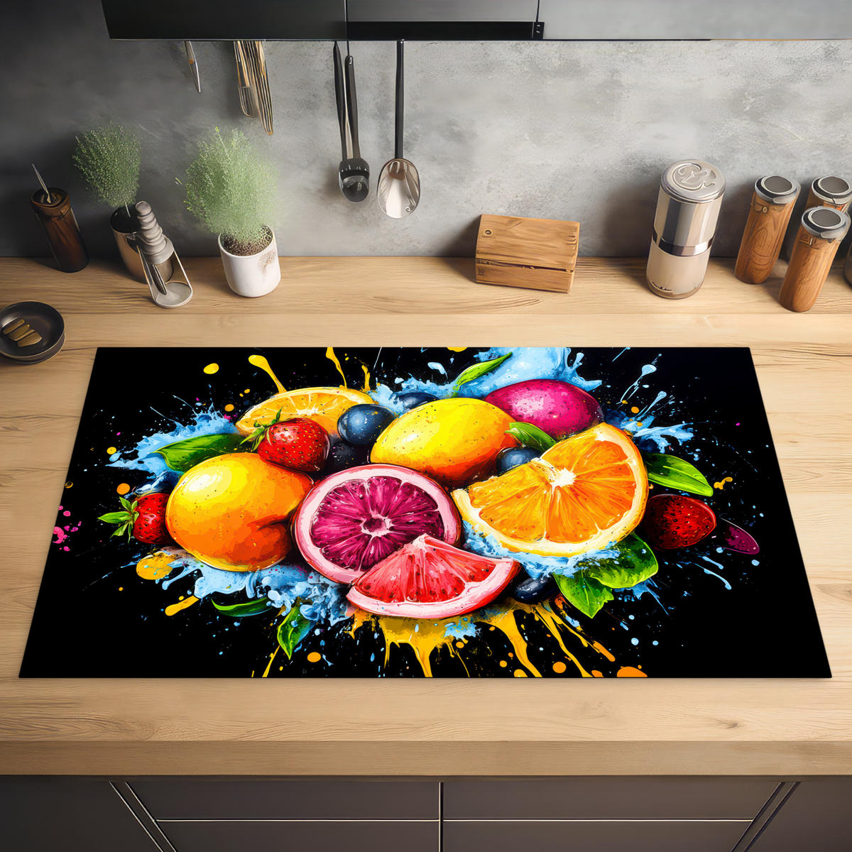 HERABDECKPLATTE - Obst - Graffiti - Bunt - Orange - Erdbeere - Abstrakt - 90x50 - Orange, Kunststoff (90/50/0.2cm) - MuchoWow