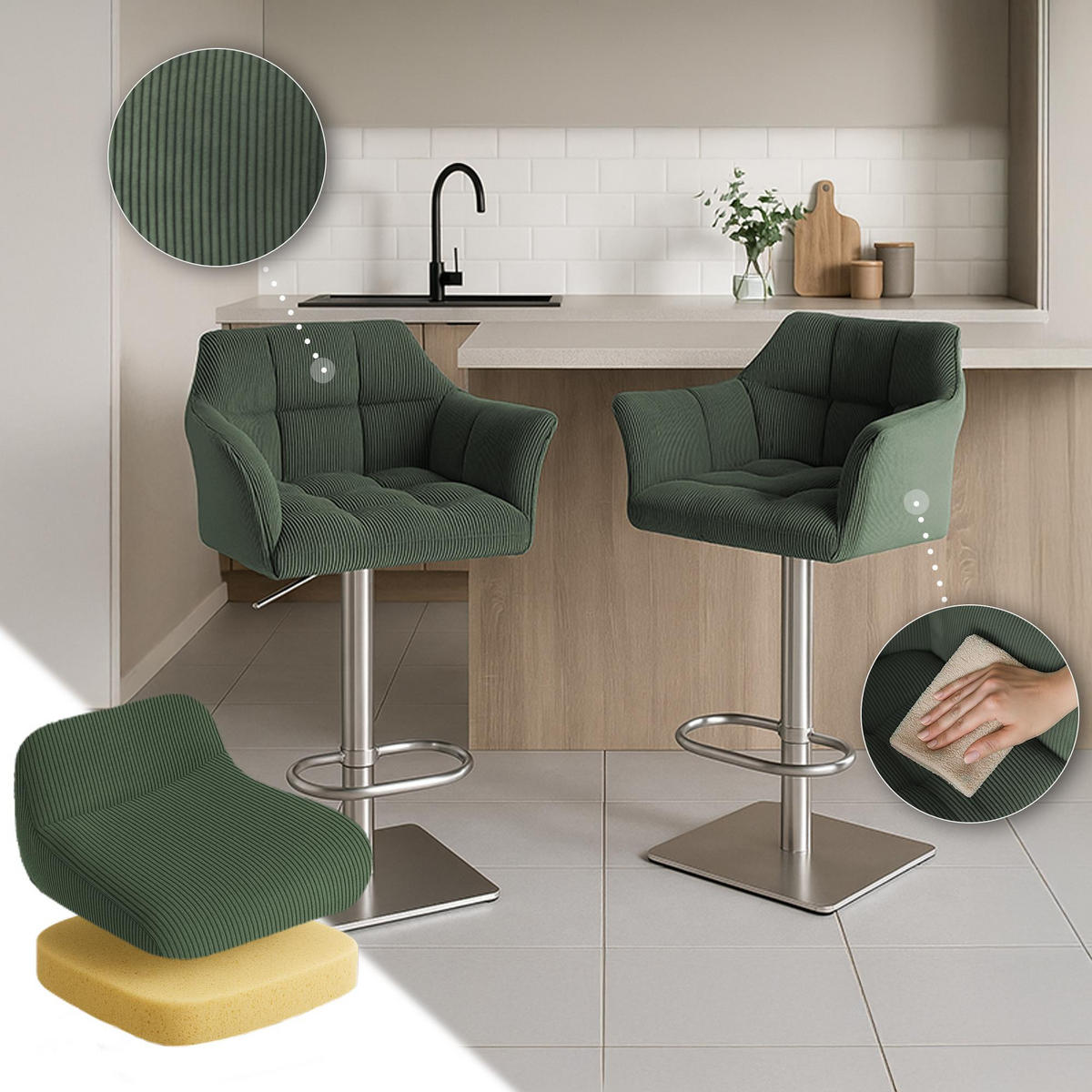 BARHOCKER Cord Grün - Edelstahlfarben/Grün, Textil/Metall (64/88/45cm) - CLP