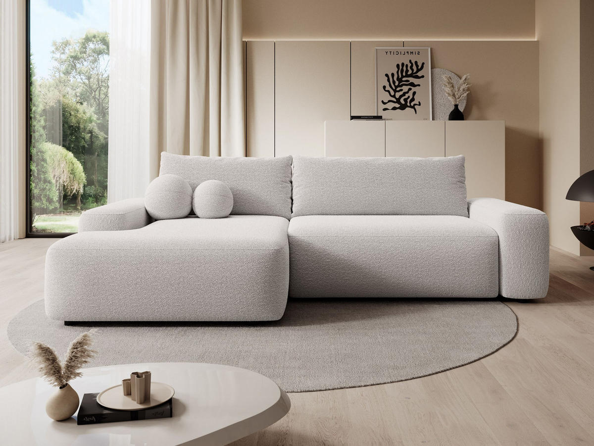 ECKSOFA RUOTA Grau Boucle-Stoff mit Schlaffunktion - Grau, Holz (264/162cm) - MASSENO