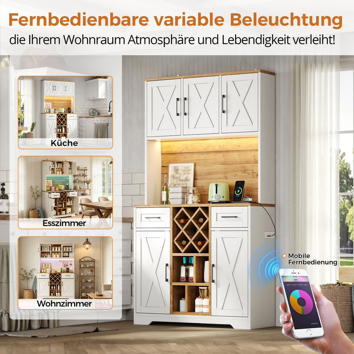 BUFFET DE-38734 105/40/180 cm LED-Beleuchtung und Weinregal Weiß - Weiß, Holzwerkstoff (105/180/40cm) - ComfortXL