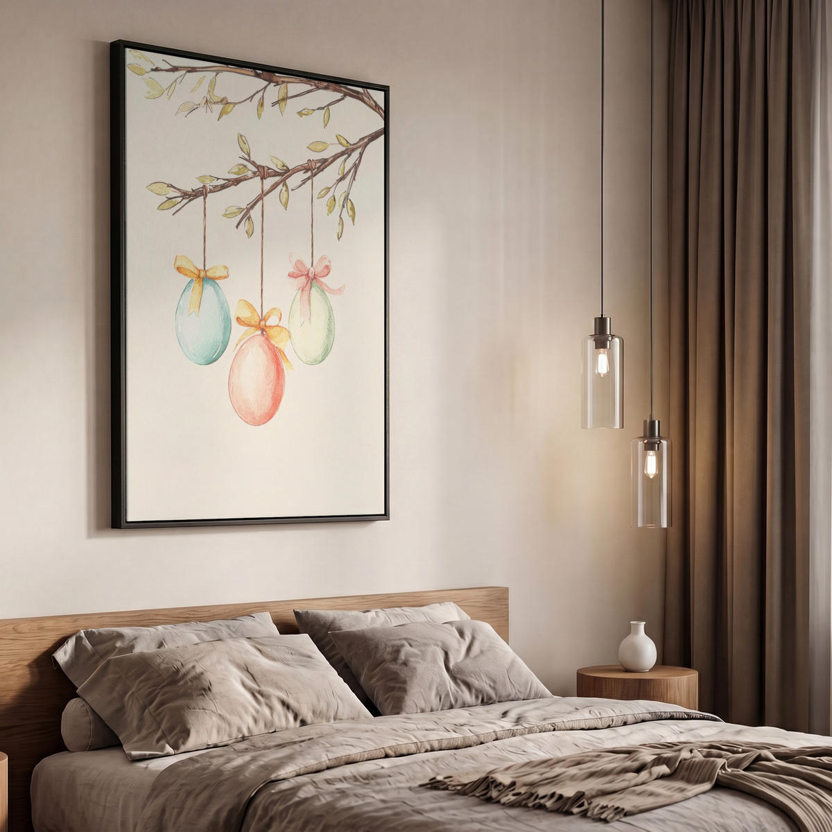 LEINWAND Bilder mit Rahmen - Osterkuchen - Schleife - Eier - 60x90 - Creme, Textil (60/90cm) - MuchoWow