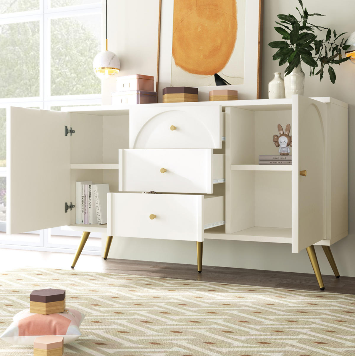 KOMMODE 140/40/84 cm mit 3 Schubladen und 2 Türen in Creme-Weiß - Weiß, Holz (140/40/84cm) - BEAOK