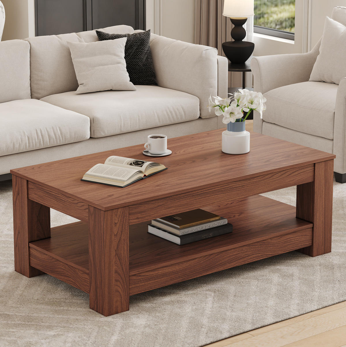 COUCHTISCH 100/50/44 cm mit 2 Ablagen, geradliniges Design und bodenschonenden Filzgleitern, Walnuss - Walnussfarben, Holzwerkstoff (100/50/44.5cm) - Redom