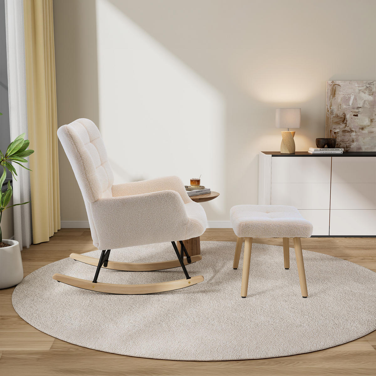 SCHAUKELSTUHL in Beige mit weichem Sherpa-Bezug und Fußhocker - Beige/Naturfarben, Holz/Textil (68/91/88cm) - CHICFURN