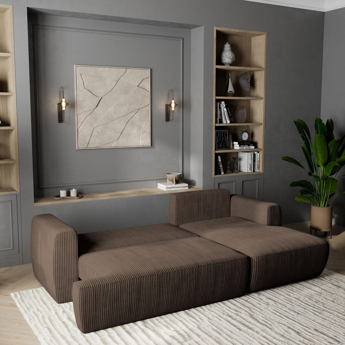 ECKSOFA SENTI P R-S Braun Kordstoff mit Schlaffunktion - Braun, Holz (246/148cm) - MASSENO