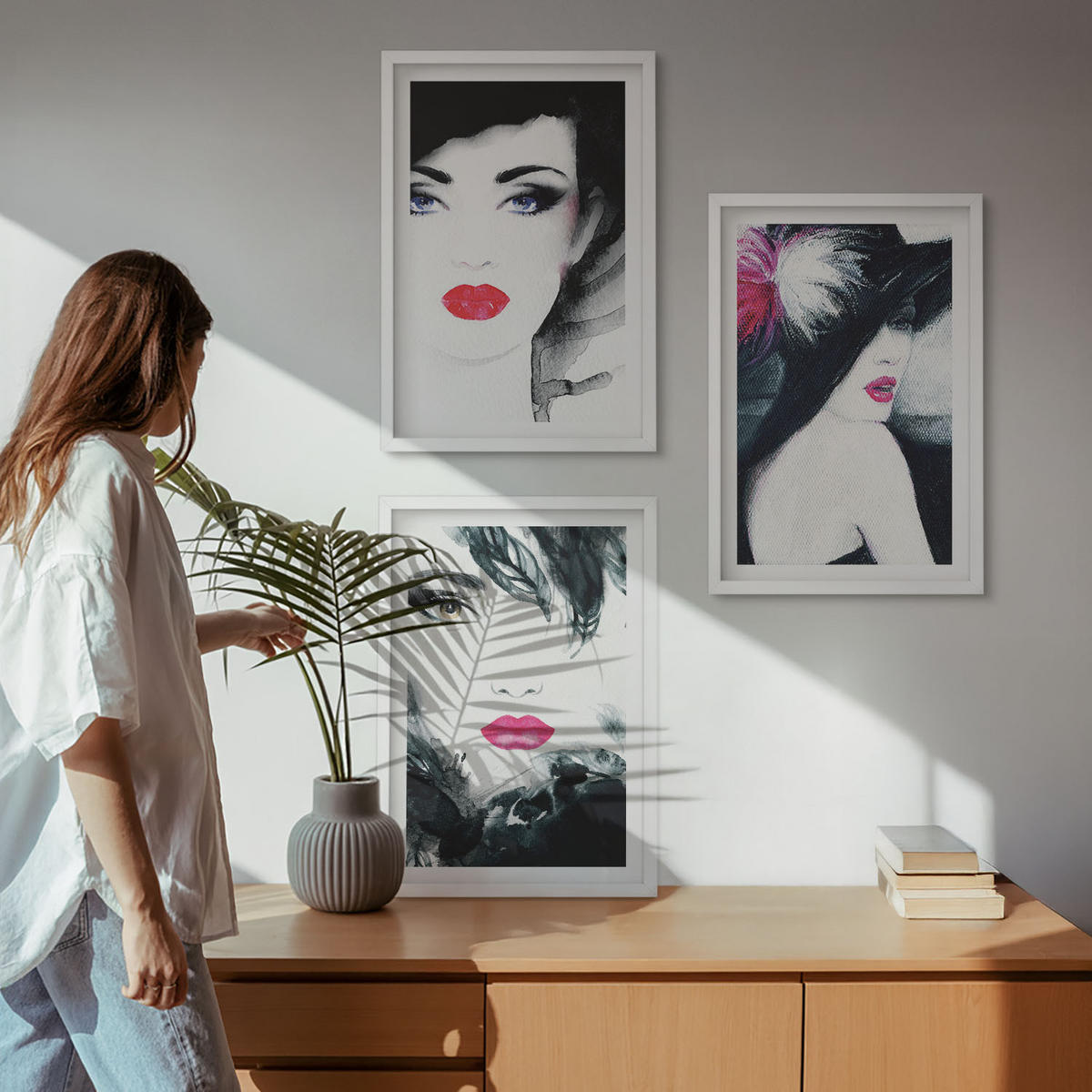 WANDBILDER 3er-Set - 40x60 cm Weißer Rahmen - Porträts von Frauen mit Lippen - Weiß, Kunststoff (40/60cm) - ArtPrintCave