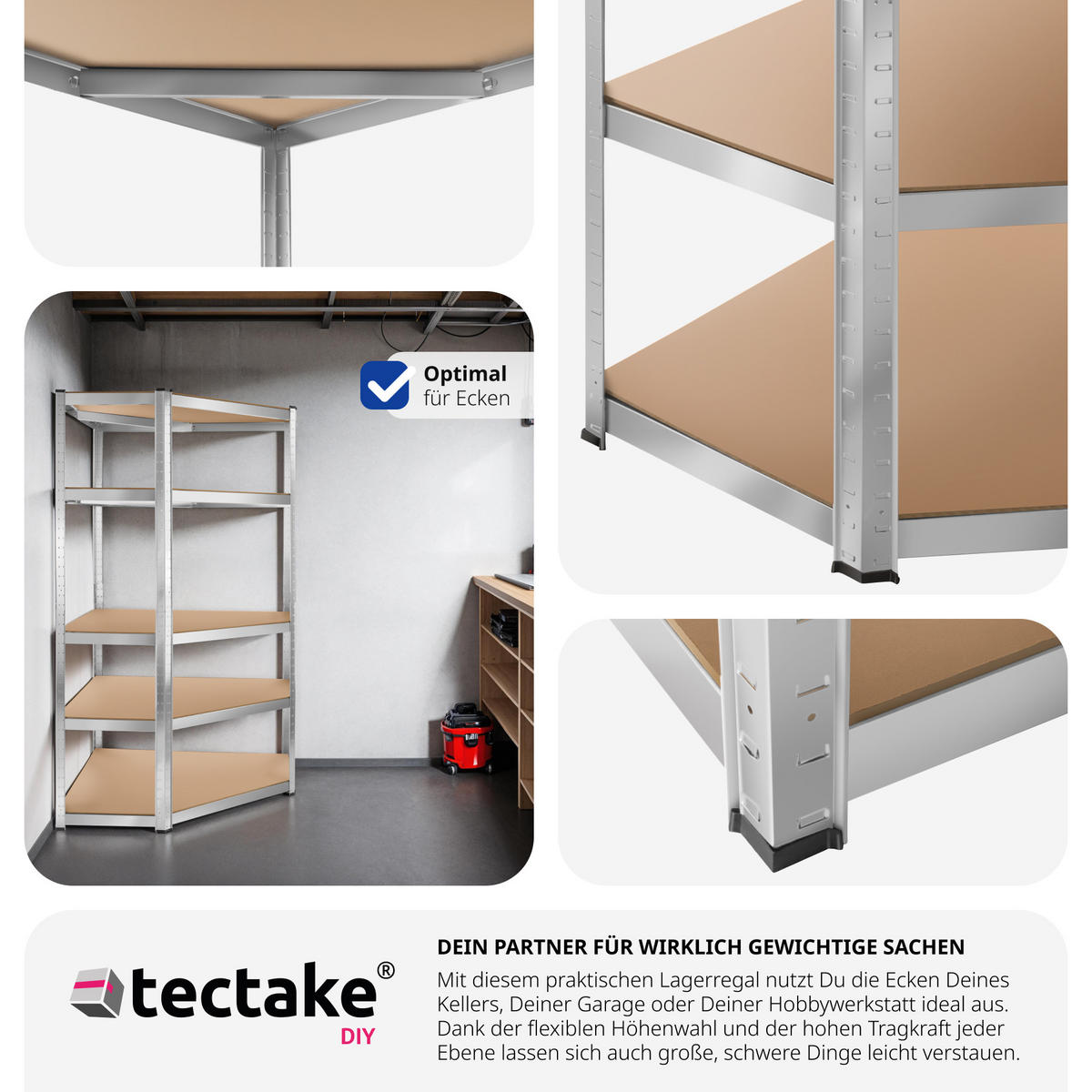 SCHWERLASTREGAL ,schnelle Montage,silber - Silberfarben, Metall (89.5/180/89.5cm) - tectake